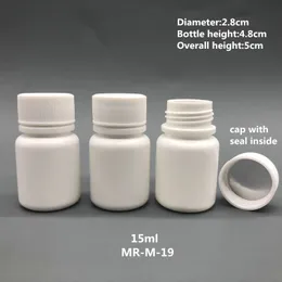 Gratis verzending 100 stks 15ml 15g 15cc HDPE witte kleine lege plastic pil flessen plastic geneeskunde containers met caps sealer