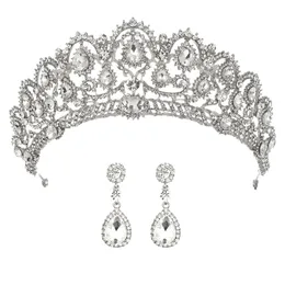 Bröllop krona brud tiaror med örhängen prinsessan krona för kvinnor brud pannband huvudbit hår smycken hår prydnader diadem y200409