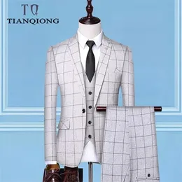 (Jackets Vest + Pants)2019 Men's Groom Wedding Dress Plaid Formal Suits Set Men Fashion Casual Business Suit Three-piece C1007