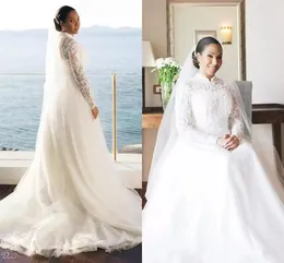 2021 Suknie Ślubne Wysokiej Neck Długie Rękawy Sweep Pociąg Tulle Lace Aplikacja Custom Made Beach Wedding Bridal Gown Vestido de Novia