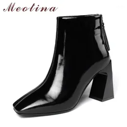 Meotina Genuine Leather Super High High Boots Short Women Shoes Square Toe Hoof Heels Zipper Onkle Boots Autumn Winter Wine Red1
