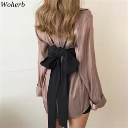 Woherb Korean Vintage Long Sleeve Blouse Women Casual Solid Shirt New Modis Spring Summer Tops Vest Bandage Blusas LJ200810