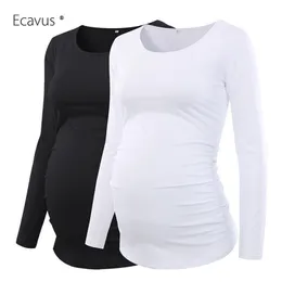 2er Pack SAVE Damen Umstandsbluse Schwangerschaftskleidung Langarmshirt seitlich gerüscht Casual Classic Tunika Umstandsoberteile LJ201123