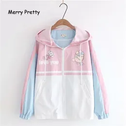 Merry Pretty Women Cartoon Print Contrast Color Basic Jacket Winter Long Sleeve Hooded Jacket Casual dragkedjor Ytterkläder Coat 201112