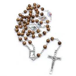 Fashion Unisex Religious Accessories Handmade Pine Cross Round Bead Chain Rosary Necklace