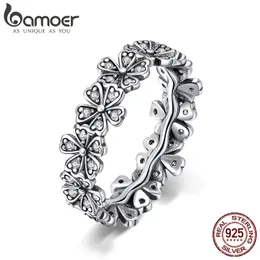 Bamoer 925 Sterling Prata Flores Dedo Anéis Deslumbrante Daisy Prado Empilhável Anel, Clear CZ Para Mulheres Casamento Jóias SCR397 Y200620