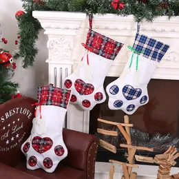 Creative Dog Paw Christmas Stocking Gift Saco de presente de Natal Ornamento de Natal Plaid Christmas Stock Stock Decoration Sock Bags WVT1227