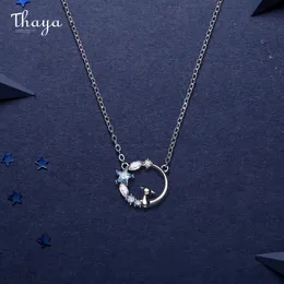 Thaya Cute Cat Star Blue Crystal Necklaces Midsummer Night's Dream Silver Color Necklace Design For Women Fine Jewelry Gift Q0531