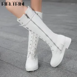 Boots RIBETRINI Fashion Girl Zipper Lace Up Low Heel Mid Calf Shoes Round Toe Motorcycle Women Casual Design Boots1