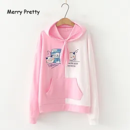 Merry Pretty Women Cartoon Print Pink Hooded Sweatshirts Winter Long Sleeve Tie Collar Hoodies Femme Harajuku Pullovers 201202