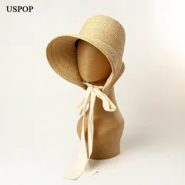 USPOP女性のための新しい夏の太陽の帽子ヴィンテージの手織りラフィア帽子の広い縁のレースアップストローハット折りたたみ式ビーチハットY200602