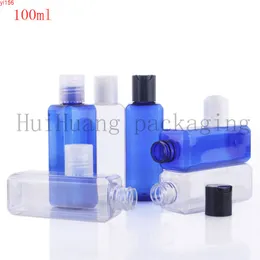 50pcs 100ml PET PET Transparent Kosmetische quadratische Flasche Blaues Plastik -Make -up -Nachfüllflaschen für Reisekosmetikscheibenkappe Flaschengood -Produkt