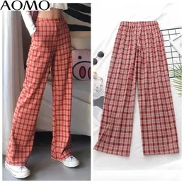 AOMO 2020 Yeni Varış Kadın Ekose Pantolon Strethy Bel Cepler Kadın Retro Rahat Pantolon Pantalones 1D154A T200422