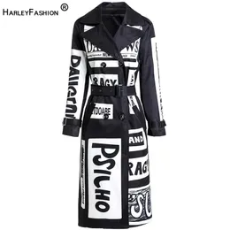 HarleyFashion осень зима женщин длинное пальто буквы печатающие высокие улицы стильные граффити повседневные качества ветровка траншеи 201211