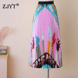 2021 Nowy Spring Moda Projektanci Elasitc Talii Cartoon Print Casual Cute Midi Plisowane Spódnice Odzież damska Elegancka dama Y1214