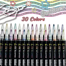 30 Kolor Podwójna linia Zarys Pen Set Metallic Color Magic Highlighter Marker Długopisy do malowania sztuki Writing School Materiały 0876