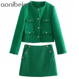 Aonibeier Za Woman Casual Traf Suits Autumn Ornate Buttons Tweed Woolen Green Cropped Jacket + Mini Skirts 2 Piece Set 220221