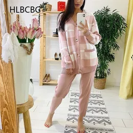 Autumn Winter Plaid Knit Women's Tracksuit Hooded Zipper Jacket Cardigan + Crop Top Vest Solid Harem Pants 3 Piece Set Women 220315