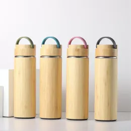 Bamboo Vacuum Insulated Water Bottles 450ml/ 500ml Stainless Steel with Tea Strainer for Office