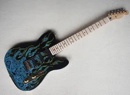 6-snarige zwarte elektrische gitaar met blauw vlampatroon, esdoorn toets, kan als verzoek worden aangepast