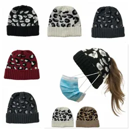 Kvinnor pompom beanie leopard stickad hatt med knapp avtagbar stickad hästsvans hatt tillbaka öppning ull varm hatt hav frakt lsk1781