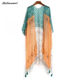 Bohemian oregelbunden tryckt kimono cardigan beachwear sommar kvinnor blusas retro lös blus skjortor långa ytterkläder 10 stil t200321