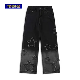 Tideshec Five-pointed Star Embroidery Wide-leg Pants Streetwear Gradient Design for Men Women Denim Jeans Trousers Hip Hop