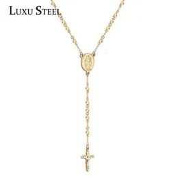 Luxusteel Rosary Bead Cross Pendant Halsband Rostfritt Stål Länkkedja Långa Smycken Kvinnor / Män Kollar Inoxidable