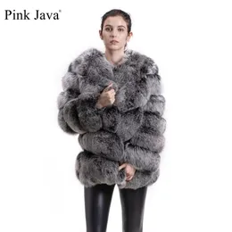 Rosa Java QC8066 Högkvalitativ Kvinnor Real Fur Coat Wihter Varm Tjock Jacka Äkta Korta Lång Ärmar 211220