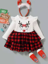 Baby Girl Christmas Print Ruffle Trim Labired Dress ona