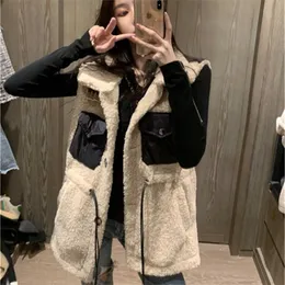 Fluffy Wool Waistcoat Women Fashion Color Blocking Pocket Tunic Lace-up Lamb Wool Vest Women Casual Warm Winter Coat Gilet femme 201214