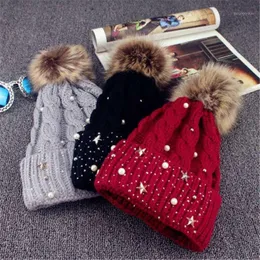 Beanie/Skull Caps Bobble Knit Hat Winter Ski Cap Warm Fur Pom Ball Womens Crochet Beanie Ladies1