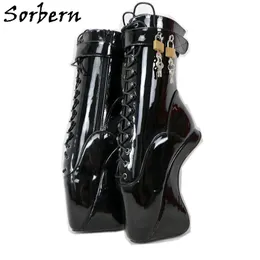 ソーバーンセクシーユニセックスハーフブーツ18cm / 7 "女性のためのハイヒールのヒールハエレスブーツセクシーなフェチの靴バレエヒールロック可能な足首のブーツ
