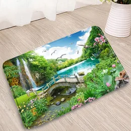 Bath Mats Natural Scenery Bathroom Mat Waterfall Forest Plant Flower Doormat Kitchen Bedroom Flannel Non-Slip Carpets Entrance Welcome Rug