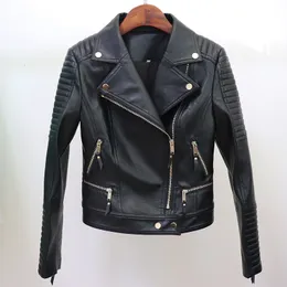 Neu kommen heiße klassische Stil Top-Qualität Damen Lederjacke Mantel Metallschnallen Diagonal Reißverschluss schwarz Leder Motorradjacke