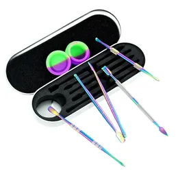 Rainbow silver smoking Dab Tool Kit Set with 5ml silicon container 5pcs long dabber tool metal single package for wax dry herb