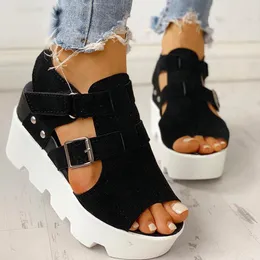 Sandálias de verão feminino cunhas salto preto branco designer casual sapatos calçados fivela tira aberta plataforma de pé sandel feminino sapatos 1018