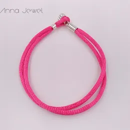 High quality Fine Jewelry 100% genuine Fabric Cord Bracelet Pink Mix size 925 Silver Bead Fits Pandora Charms Bracelet DIY Marking  for women men gifts 590749CPH-S