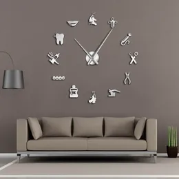 Dental Hospital Silent Wall Clock Tandläkare Frameless DIY ACRYLIC 3D MIRROR Wall Watch Tand Modern Design Oversized Time Wandklok Y200109