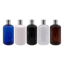 250ml X 12 Round Plastic Travel Bottles With Bright Silver Plastic-Aluminum Screw Cap White Amber Blue PET Shampoo Tonerhigh qualtit