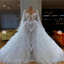 Luxury Prom Dresses With Detachable Train Long Sleeves Feather Lace Applique Evening Dresses Custom Made Party Dresses robes de soirée