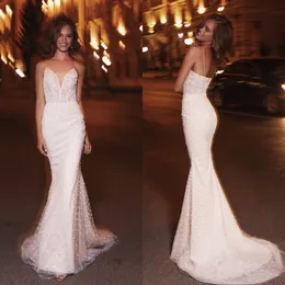 Beads Mermaid Wedding Dresses Custom Made Spaghetti Bridal Gown Sweep Train Beach Zipper Back Robes De Mariée