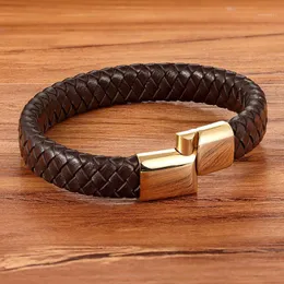 Charm Bracelets TYO Classic Top Quality Stainless Steel Gold Magnetic Clasp Brown Woven Italy Real Leather Bracelet Man Boys Birthday Gifts1