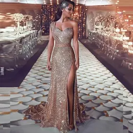 Arabic Split Luxurious Bling Evening One Shoulder Beaded Crystals Sequins Prom Dresses Sparkly Sexy Formal Party Gowns