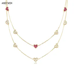 Andywen 925 Sterling Silver Gold Love Heart Clear Rose Red Charm Długi Łańcuch Choker Naszyjnik Wisiorek Kobiety Ślub Luksusowa Biżuteria 220217