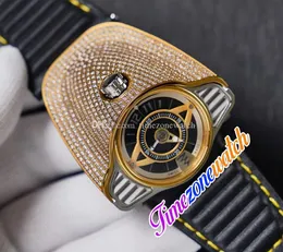 50mm Azimuth Gran Turismo 4 변형 미요타 자동 망 Sp.ss.gt.n001 블랙 다이얼 골드 내부 18K 옐로우 골드 다이아몬드 베젤 가죽 시계 Timezonewatch