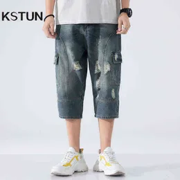 Summer Men Jeans Capri Pants Cropped Trousers Dark Blue Hip Hop Destroyed Retro Moto Biker Jeans Male Side Pockets Loose Fit 42 G0104
