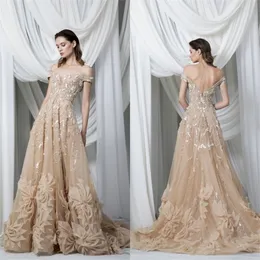 Prom Champagne Dresses Sexy Off Shoulder Backless Lace Appliques Evening Gowns Custom Made Sweep Train A Line Special Ocn Dress