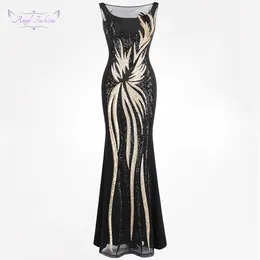 Angel-fashions Women's Sheer Evening Dresses Round Neck Vintage Sequin Splicing Dress Gold 403 Party Kleid LJ201120