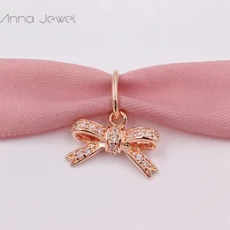 No color fade off Solid Rose Gold Bow with CZ Pandora Charms for Bracelets DIY Jewlery Making Loose Beads Silver Jewelry wholesale 380357CZ